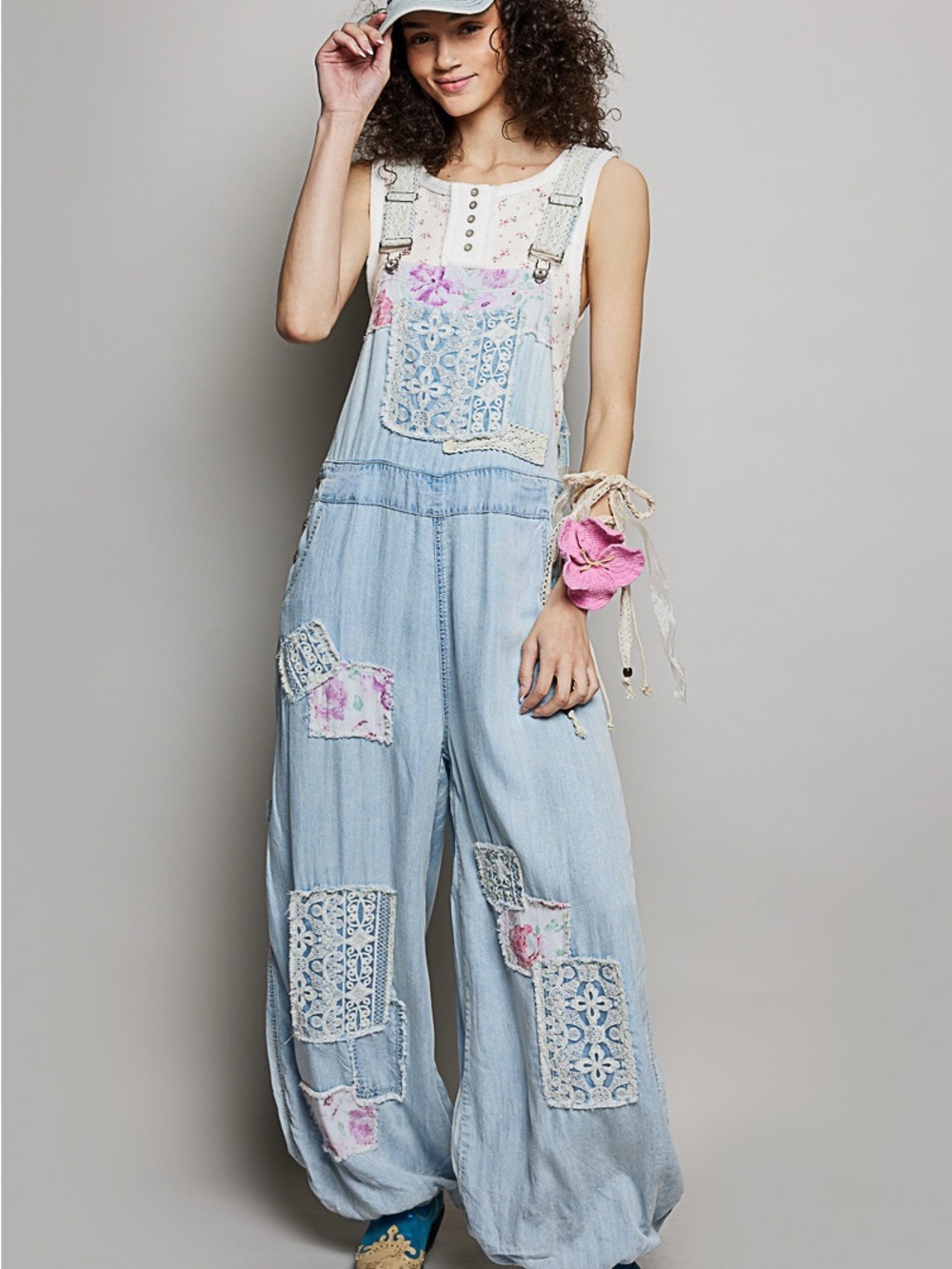 POL Light Blue Denim Patchwork Lace Jumpsuit with Pink Accents - Picture 1 of 8